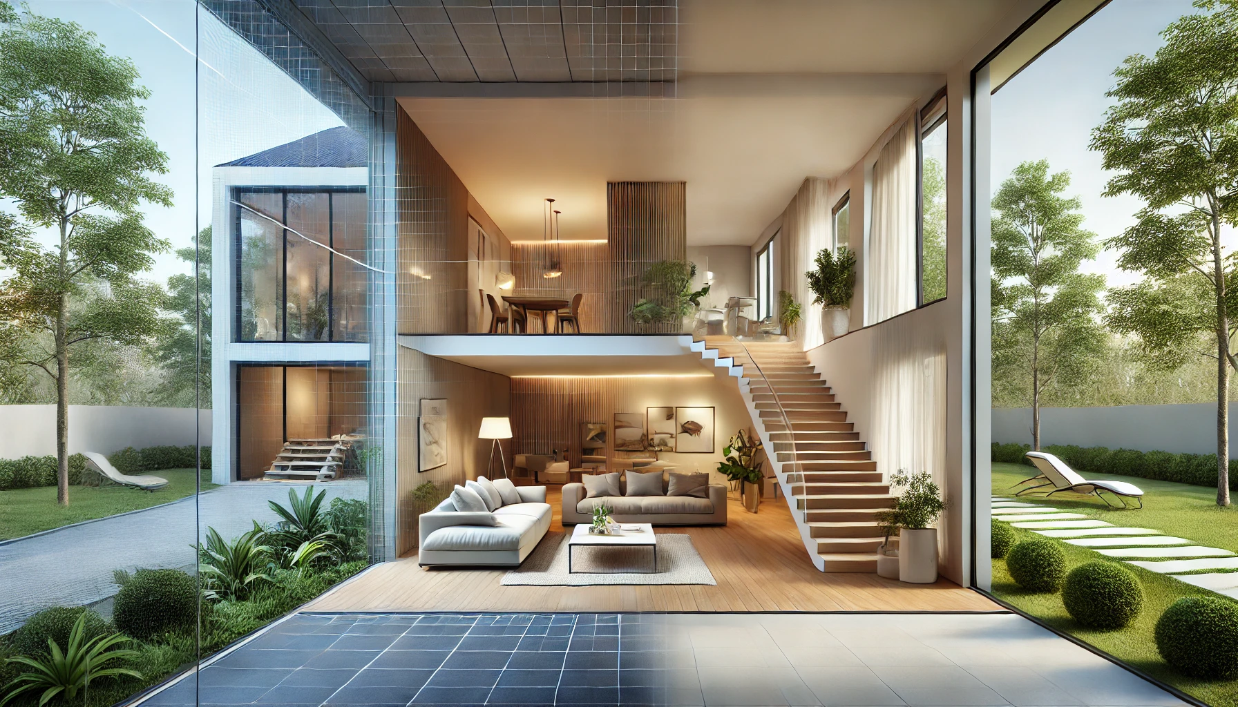 DALL·E 2024-09-22 17.42.39 – A wide, realistic architectural scene showcasing a sophisticated interior and exterior space transformation. The image features a modern, elegant home