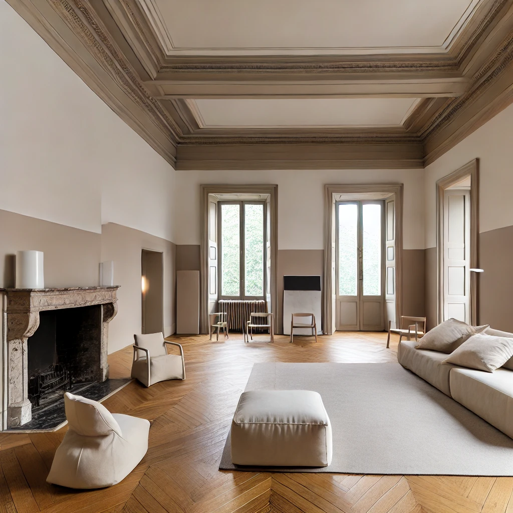 DALL·E 2024-09-23 16.09.27 – A modern yet respectful renovation of a large 1920s living room in a historic Milanese house. The space features high ceilings with minimalistic resto