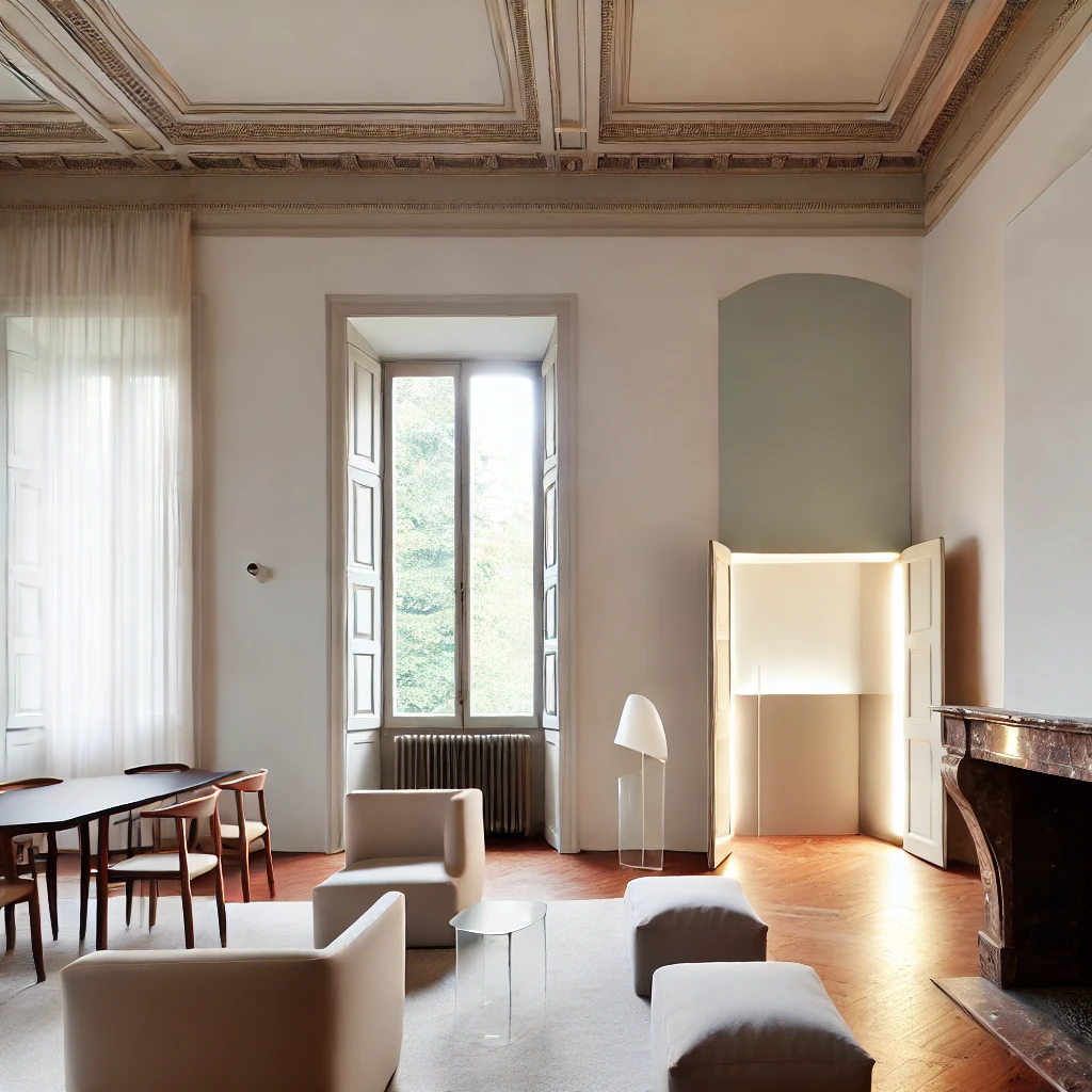 DALL·E 2024-09-23 16.09.31 – A modern yet respectful renovation of a large 1920s living room in a historic Milanese house. The space features high ceilings with minimalistic resto