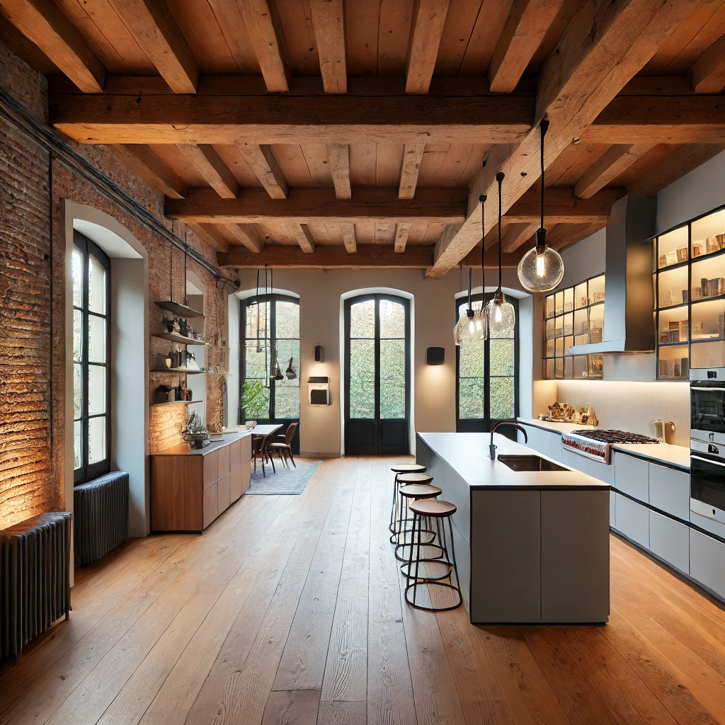 DALL·E 2024-09-23 16.10.49 – A modern renovation of a historic 1920s kitchen in a large Milanese house, blending old and new. The space features restored wood floors and original